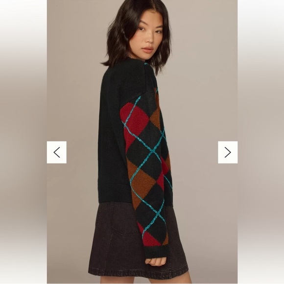 NWT Anthropologie English Factory Fuzzy Argule Crew Neck Sweater Dark Green - Picture 2 of 12